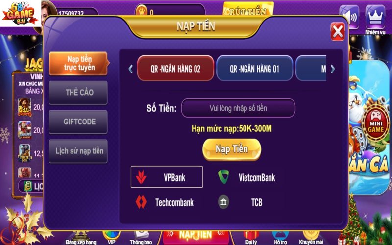 Nạp tiền 68gamebai bằng hình thức thanh toán ngân hàng trực tuyến